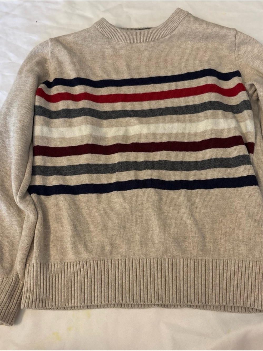 The Children's Place Beige Sweater with Red, Navy & Gray Stripes